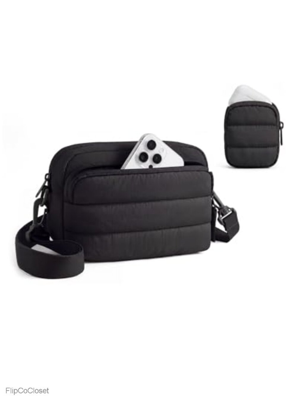 Nylon Puffer Crossbody Bag with Earbud Pouch, Lightweight Hobo